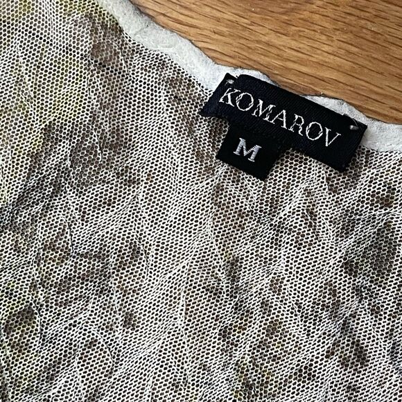 KOMAROV Crinkle Mesh Long Sleeve Shirt Medium Beige Green Retro Blouse Career - Picture 6 of 9